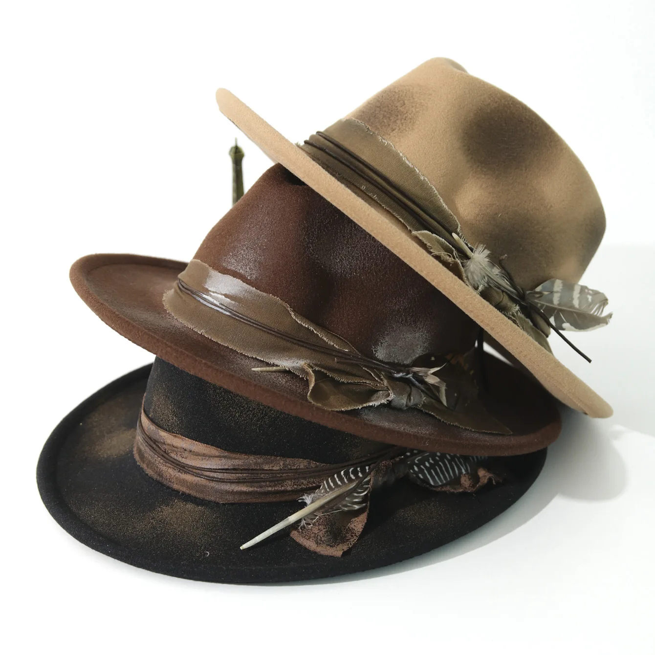 Spray Paint Vintage Distressed Feather Wool Felt Jazz Hat, Sombrero de jazz de plumas vintage
