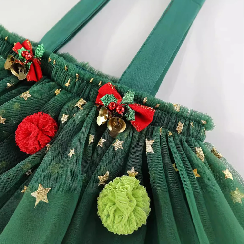 1-6Y Little Girls Christmas Dress Strap Sleeveless Star Print Lace Layered Tulle Dress with Plush Ball Hat Xmas Costumes