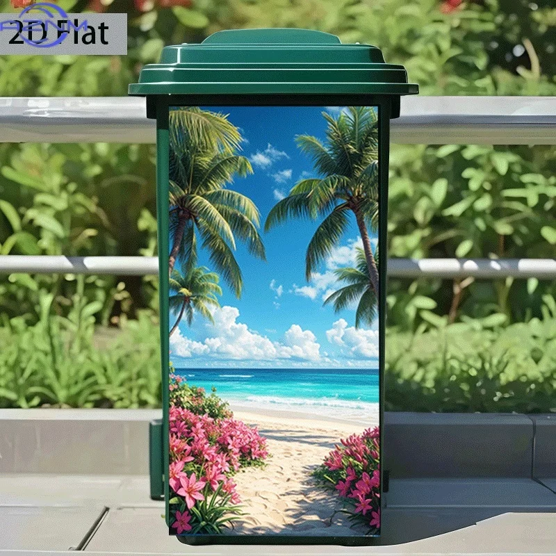 Printing]Trash Can Sticker 37 X 82 Cm Tropical Beach Decor Self-Adhesive Wall Paper Kitchen Garbage Can Decoration (Suitable f