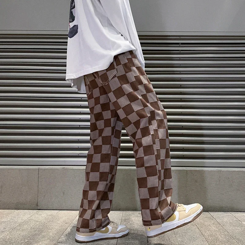 2023 Spring New Men's Brown Check Print Baggy Jeans Korean Fashion Streetwear Denim Straight Pants Male Brand Trousers