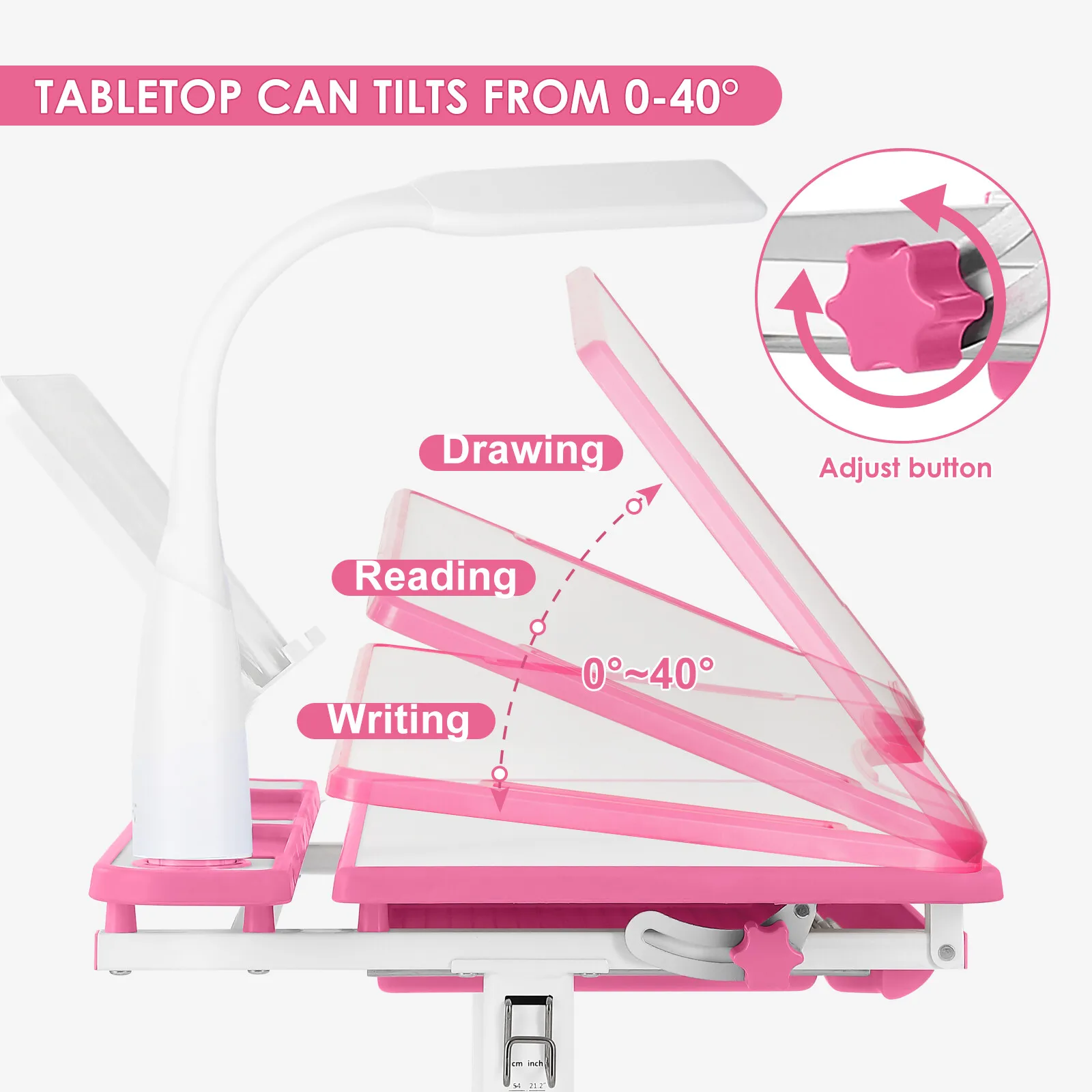 Pink Kids Desk Chair Set Height Adjustable Study Table w/Lamp,Drawer,Chair Cover