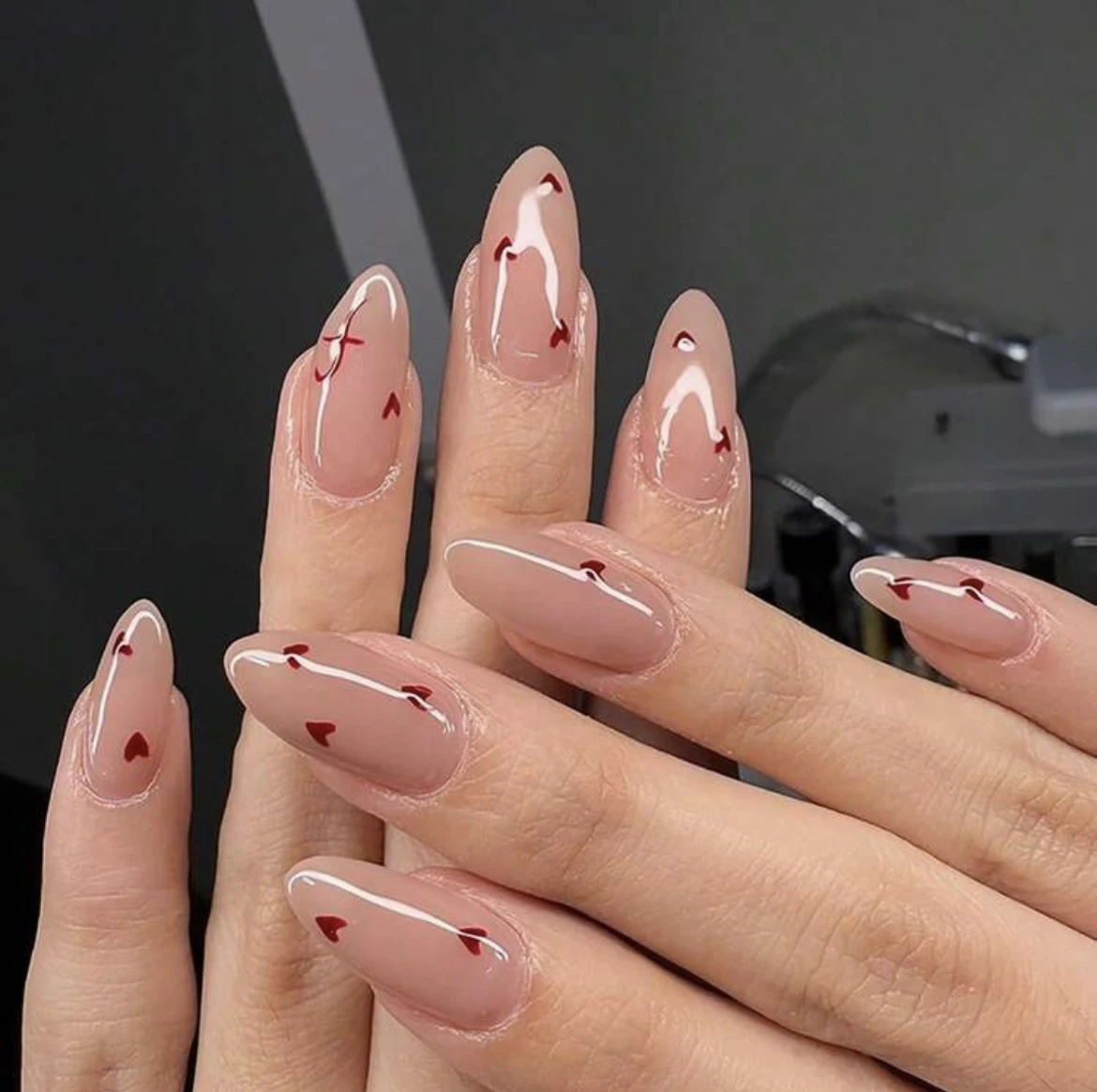 

24PCS Pressed French Almond Acrylic Fake Nails Featuring Heart-Shaped And Letter Patterns. Valentine'S Day Acrylic Fake Nails
