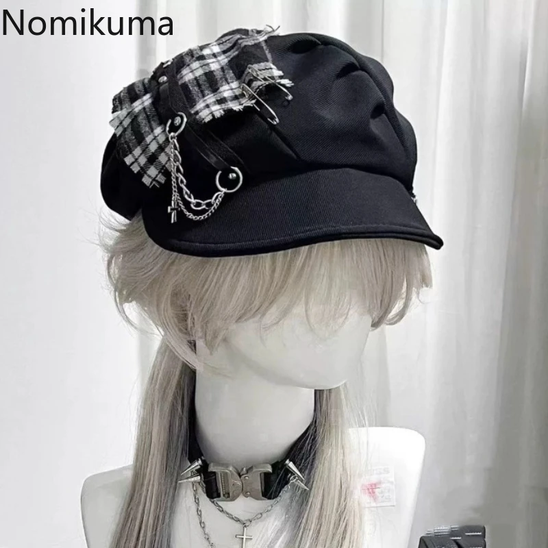 Chic Octagonal Hat Korea Autumn Winter Temperament Punk Retro Contrast Color Plaid Beret Girls Hundred Arts Newspaper Boys Cap