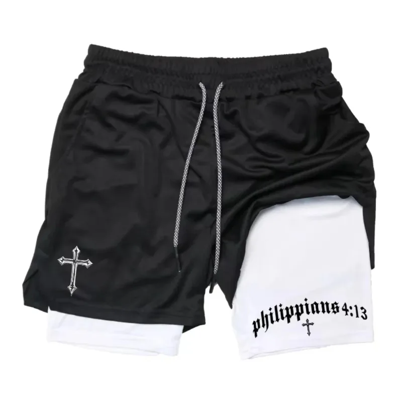 Latest Cross Bible Graphic 2-in-1 Athletic Shorts Men Fitness Christian Gym Workout Running with Cell Phone Pocket Towel Shorts