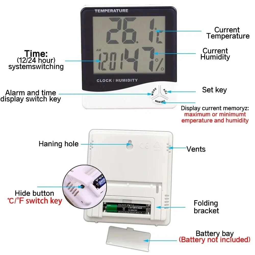 HACHANLUN LCD Electronic Digital Temperature Humidity Meter Hygrometer Home Thermometer Indoor Outdoor Weather Station Clock