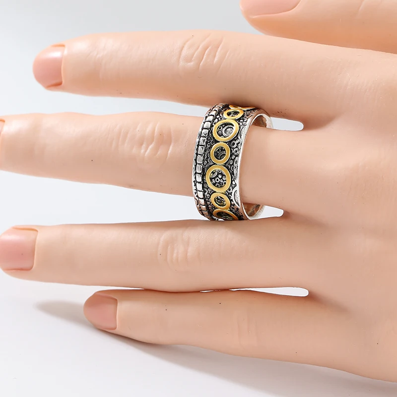 Vintage Hand Carved Women's Ring Ethnic Two Color Metal Geometry Daily Wear Party Jewelry Anniversary Gift