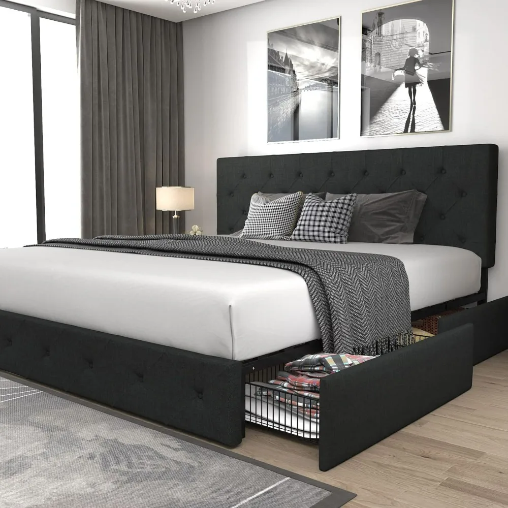 Bed Frame, with Upholstered King Size Platform  4 Storage Drawers and Headboard,No Box Spring Needed, Dark Grey