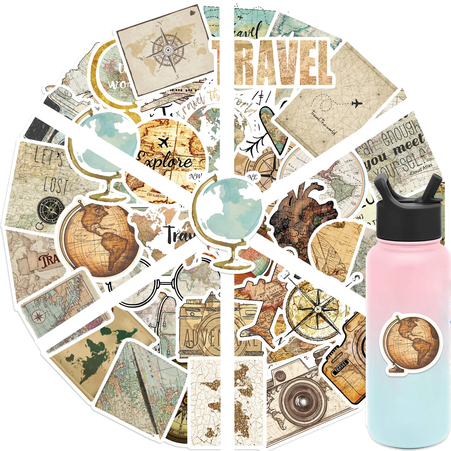 50 Uds. Pegatinas de dibujos animados de viaje con mapa para papelería DIY, equipaje de viaje, cuaderno, guitarra, portátil, teléfono, juguete