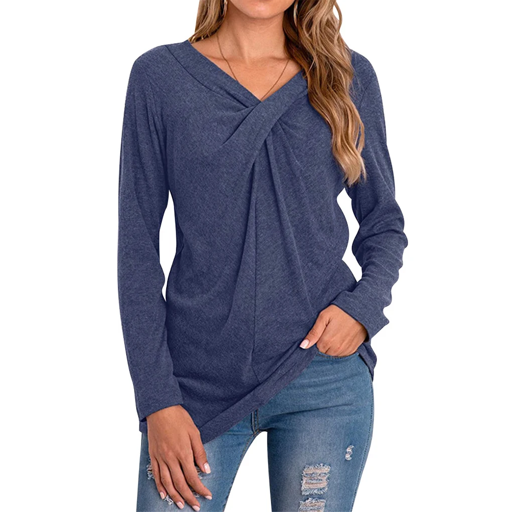 여성 티셔츠 브이넥 탑 긴 소매 솔리드 컬러 블라우스 티셔츠, 브라운, L