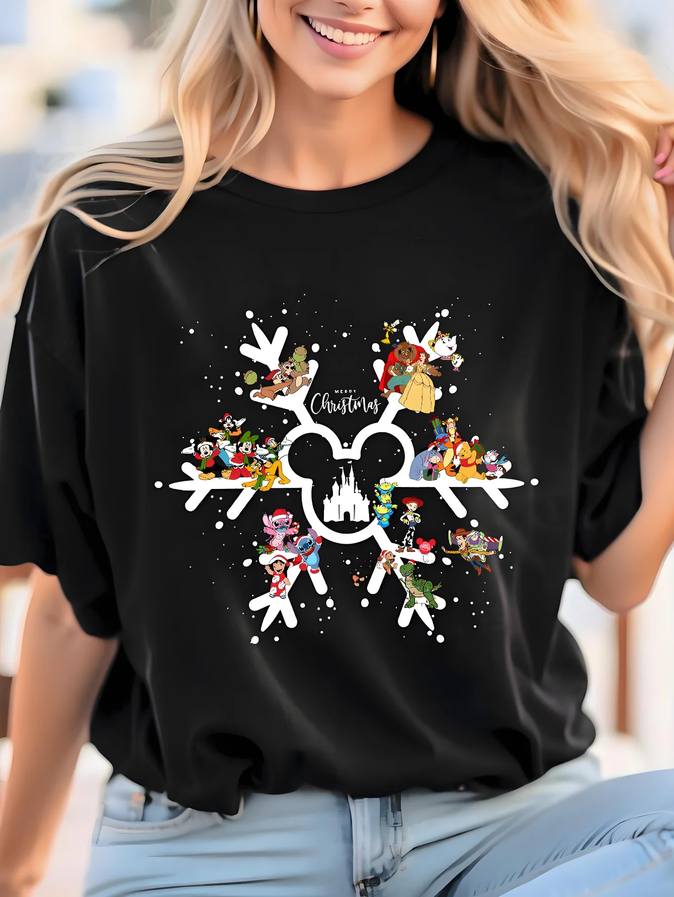 

Disney Mickey&Friends Men's and Women's Christmas Short sleeved T-shirt - Snowflake Pattern Colorful Festival