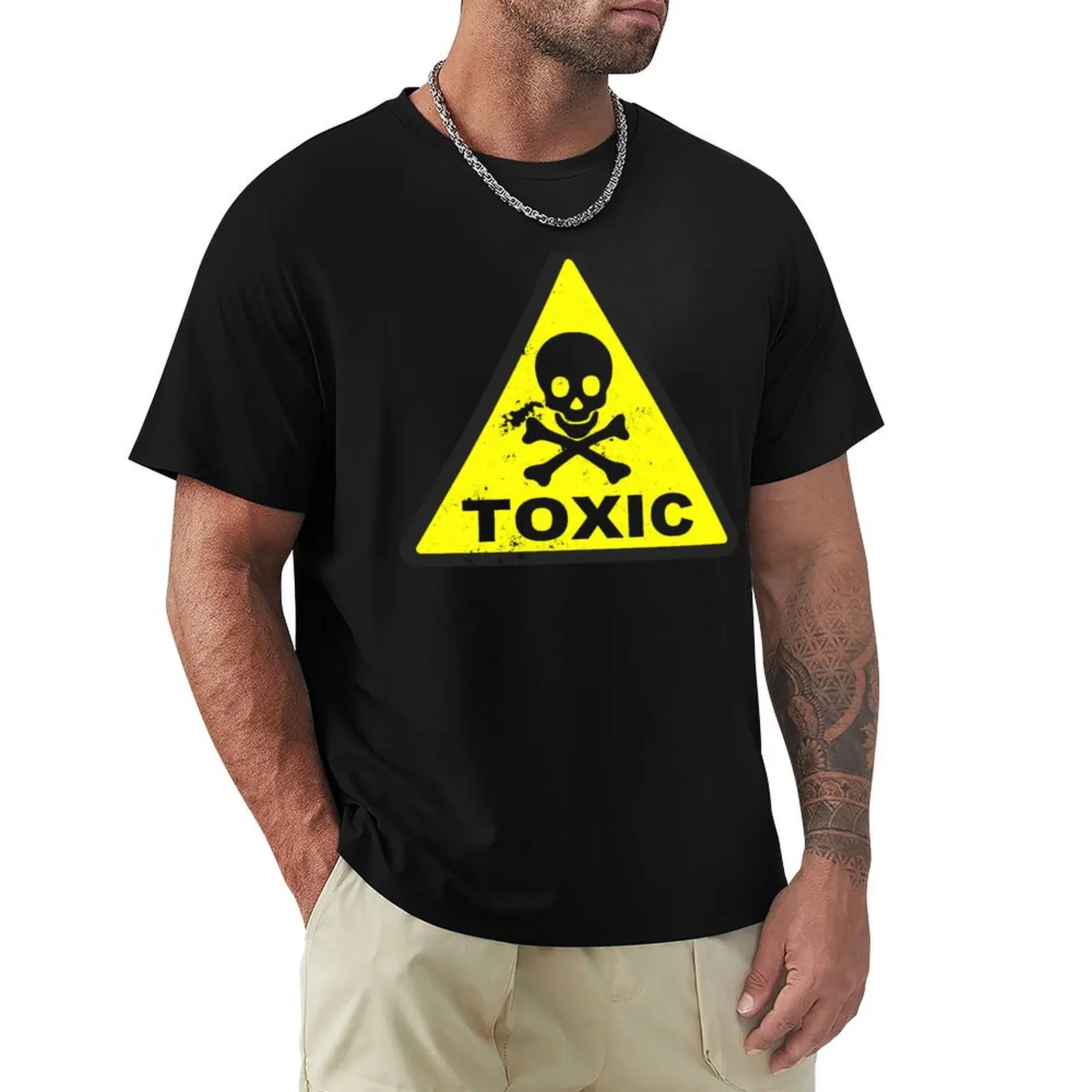 Toxic, Caution Toxic, Yellow, Skull, Toxic Sign T-Shirt Plus Size Loose Short Sleeve Top