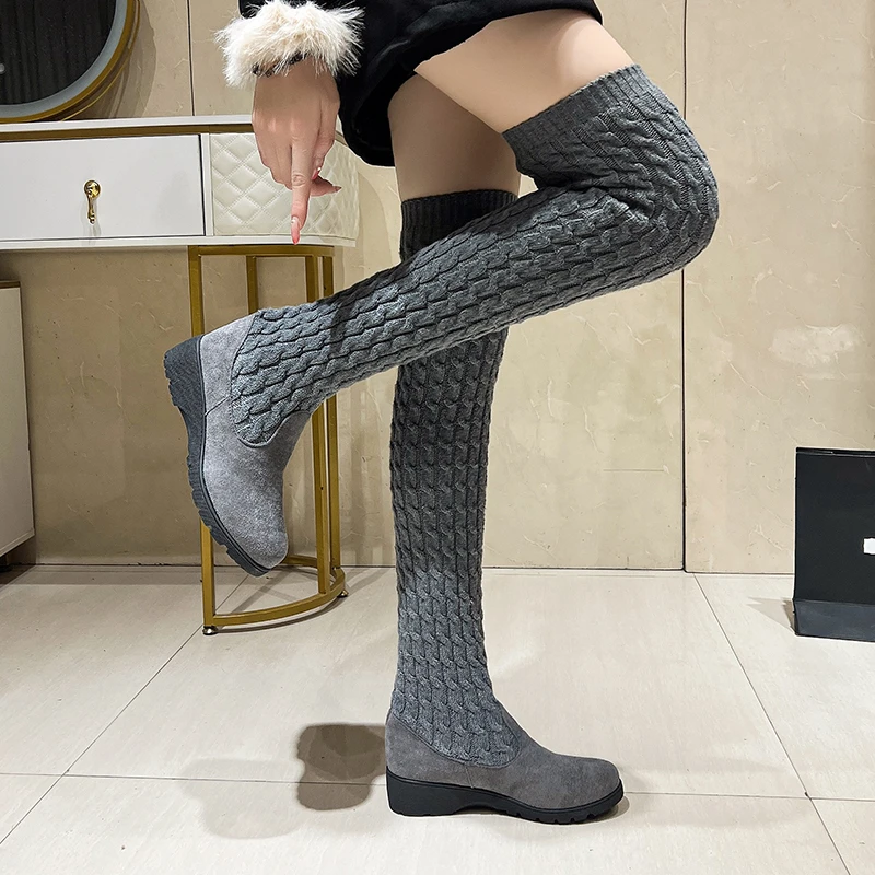 أحذية نسائية جديدة بكعب عالي فوق الركبة مشهورة في الشتاء جوارب وأحذية مرنة من الصوف المحبوك Zapatos Mujer