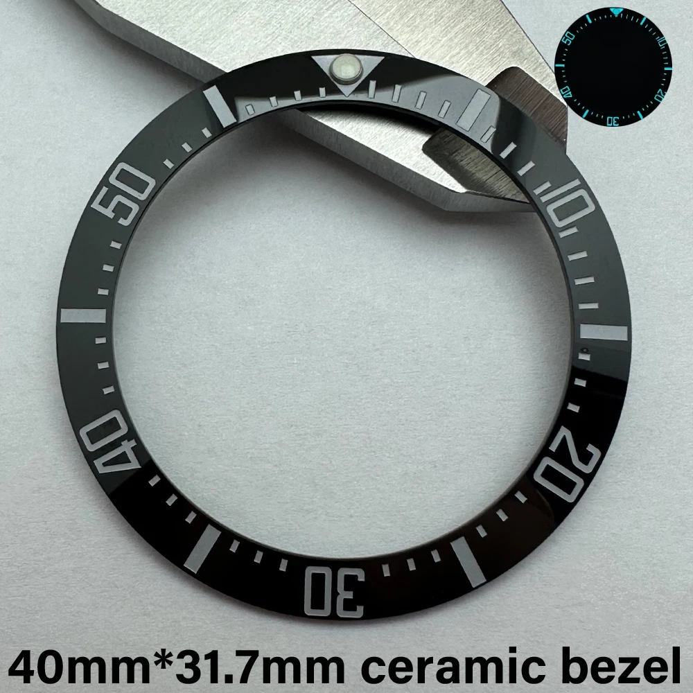 40 mm * 31,7 mm geneigte Keramiklünette mit blaugrünem, voll leuchtendem, eingebettetem Ersatzteil, passend für 40 mm Gehäuse, Uhrenzubehör