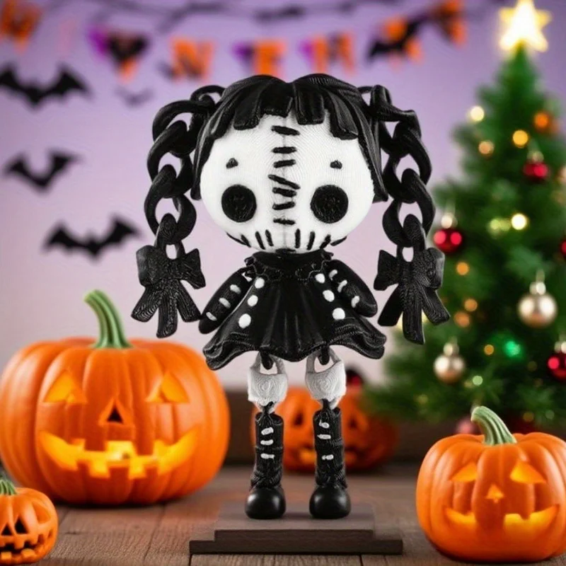 ثلاثية الأبعاد مطبوعة القوطية الرعب المنقولة المشتركة أبيض وأسود مزدوج ذيل حصان فتاة شيطان دمية هالوين عيد الميلاد زينة زخرفية