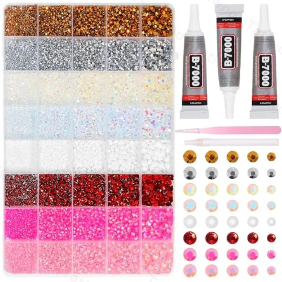 

30000Pcs Rhinestones Bedazzling Kit, Pink White Red Sliver Gold Resin Rhinestones for Bedazzling, 2/3/4/5/6mm Flatback Gems for