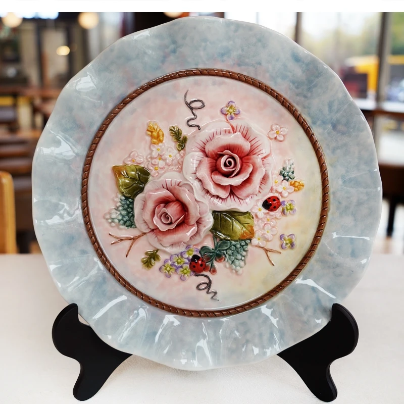 10 inch 3d Hand-painted Rose Ceramic pendant Wall hanging plate Home decoration European Garden porch cabinet