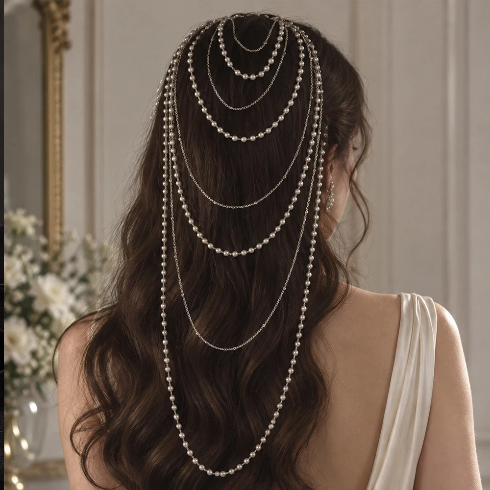 Boho Bridal Multilayer Pearl Headband Chain Wedding for Women Fashion Design Long Tassel Head Chain Tiara Princess Accessories