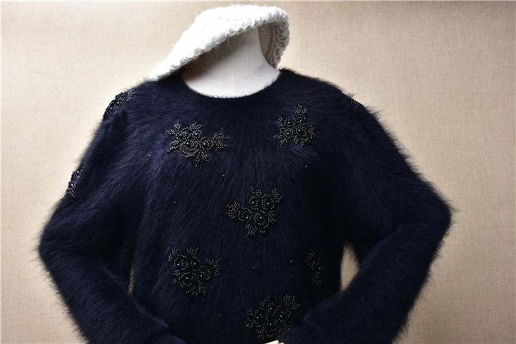 Damen Frauen Vintage Haarige Stickerei Perlen Angora Kaninchen Haar Gestrickte Lange Laterne Ärmeln Oansatz Lose Pullover Pullover Pull