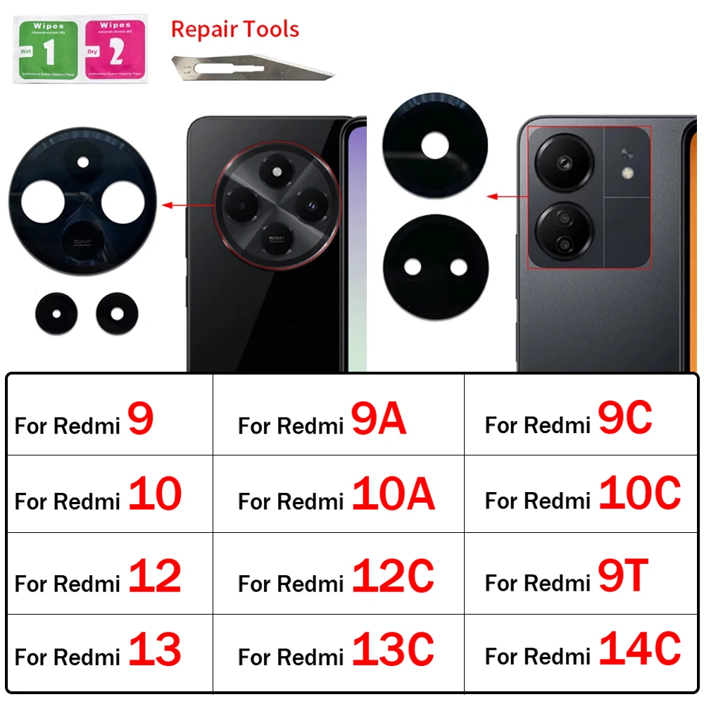 New Rear Back Camera Glass Lens For Xiaomi Redmi 9 9A 9C 9T 10 10A 10C 12 12C 13 13C 14C With Adhesive