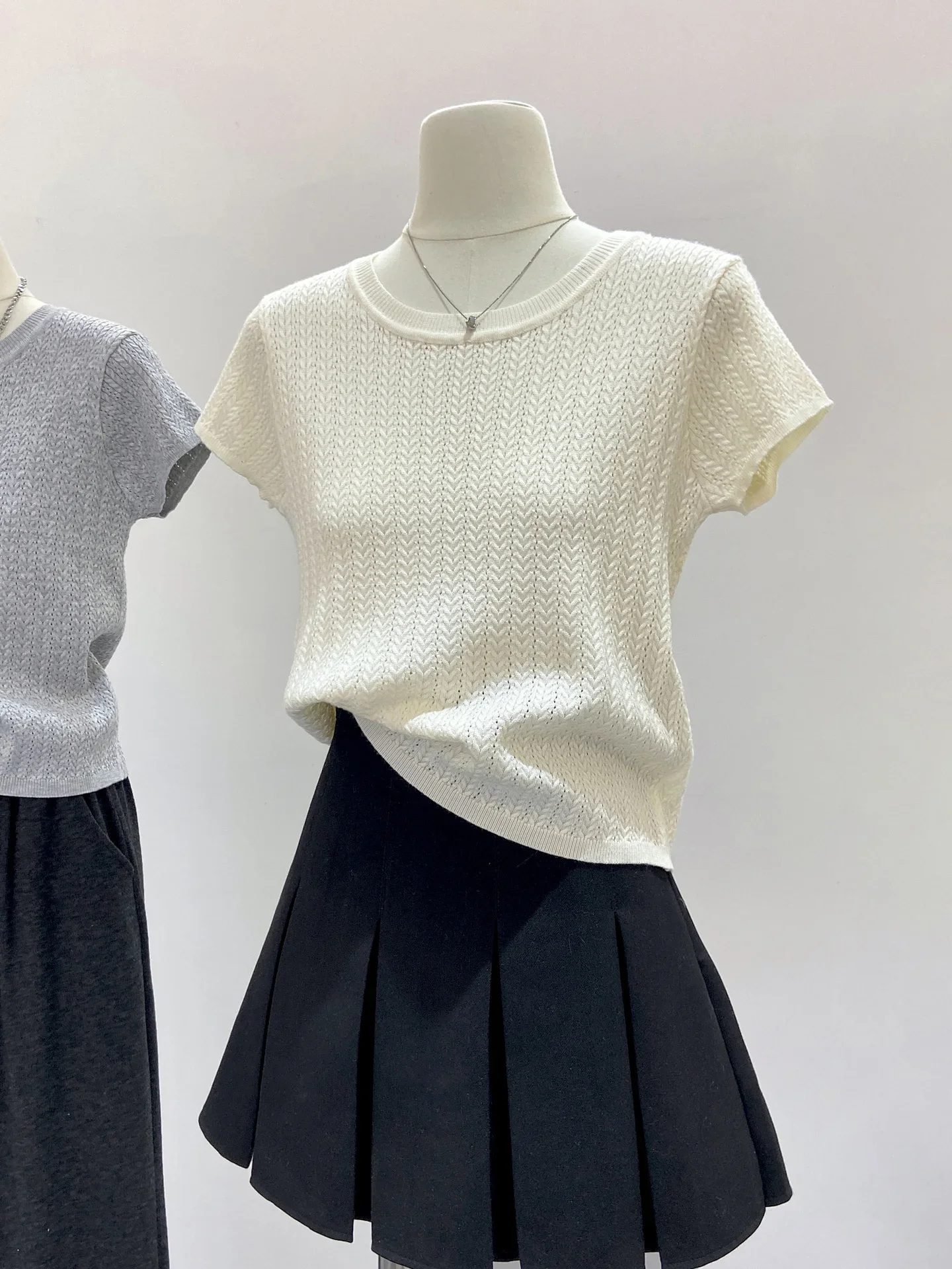 

Женский вязаный топ Ele ort, летняя корейская футболка, простая длина, универсальная базовая футболка