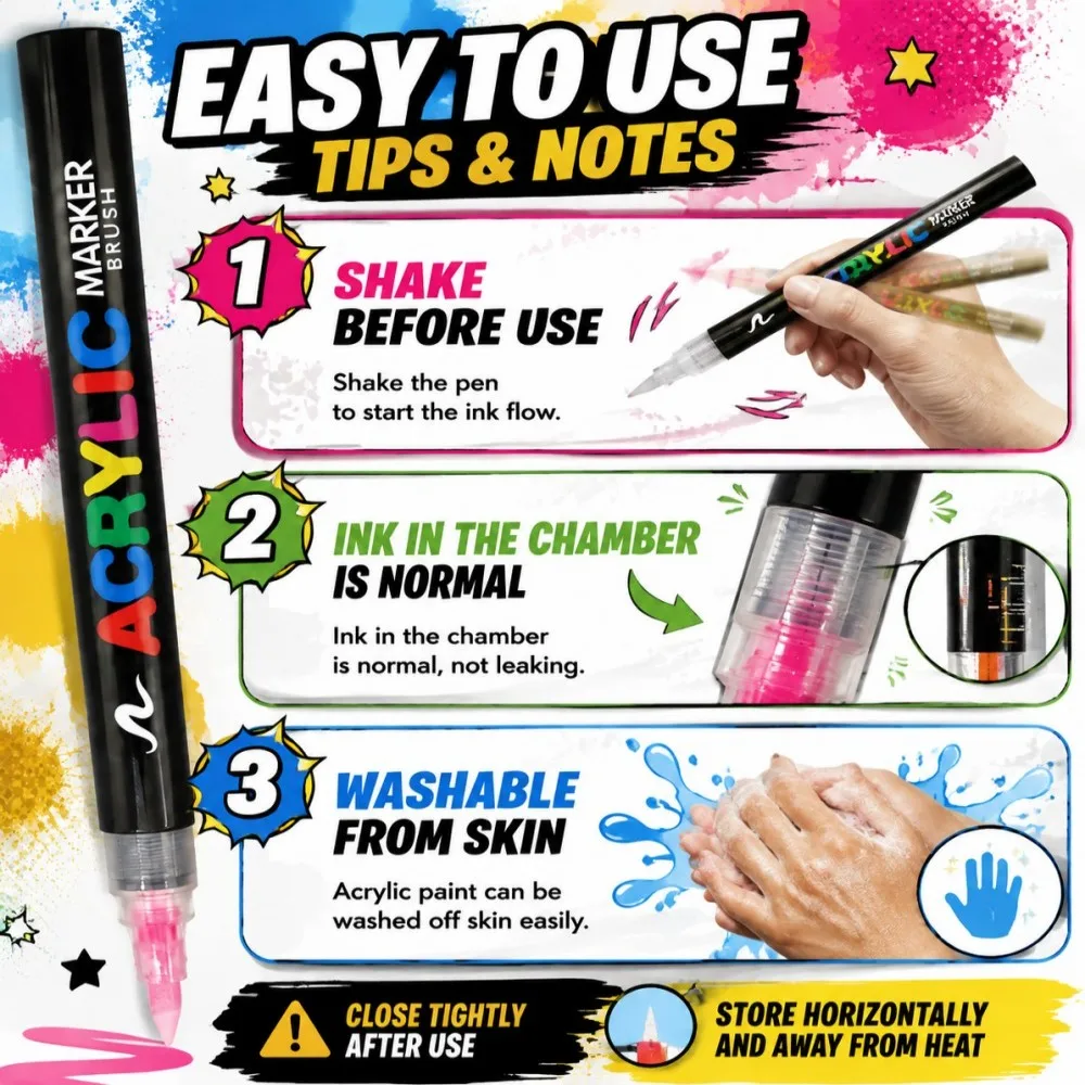 12-72 Farben Acryl-Marker-Set, abwaschbare Marker mit Pinselspitze, Acryl-Malmarker für Stein, Glas, Keramik, Leinwand, Holz – Detail 5