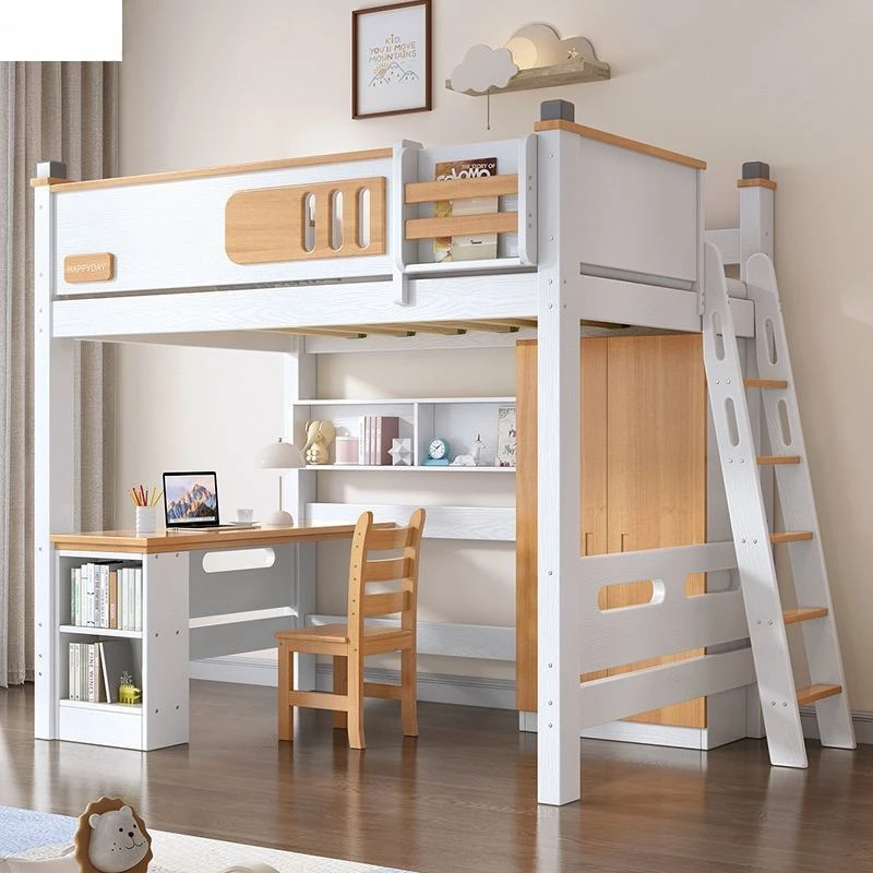 Children's combination staggered  and table all solid wood shelf small apartment elevated bed sheet