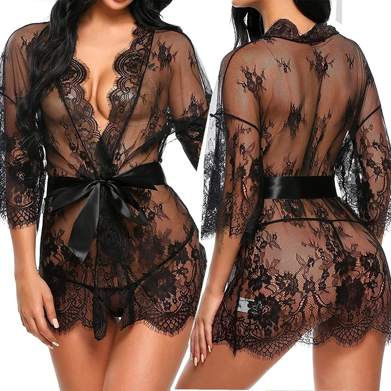 See Through Lace Pajama Babydoll Dress Set Women Pijama Mujer Strap Sleeveless Sexy Sleepwear Short Lingerie Female Nightwear