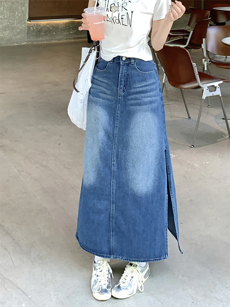 

Американская джинсовая юбка в стиле ретро для женщин, летняя новая универсальная полуплатье трапециевидной формы с высокой талией, модные облегающие бедра длинные юбки с разрезом