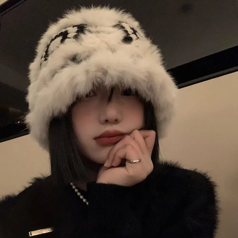 

Knitted plush hat women's autumn and winter bucket hat cute face small wool hat