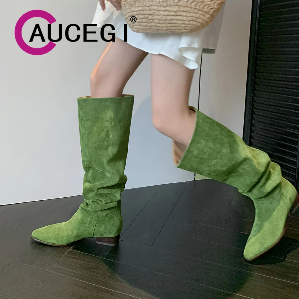 

Aucegi New Trend Faux Suede Pleated Tubular Knee High Boots Square Toe Slip On Low Heel Daily Life Dress Versatile Shoes