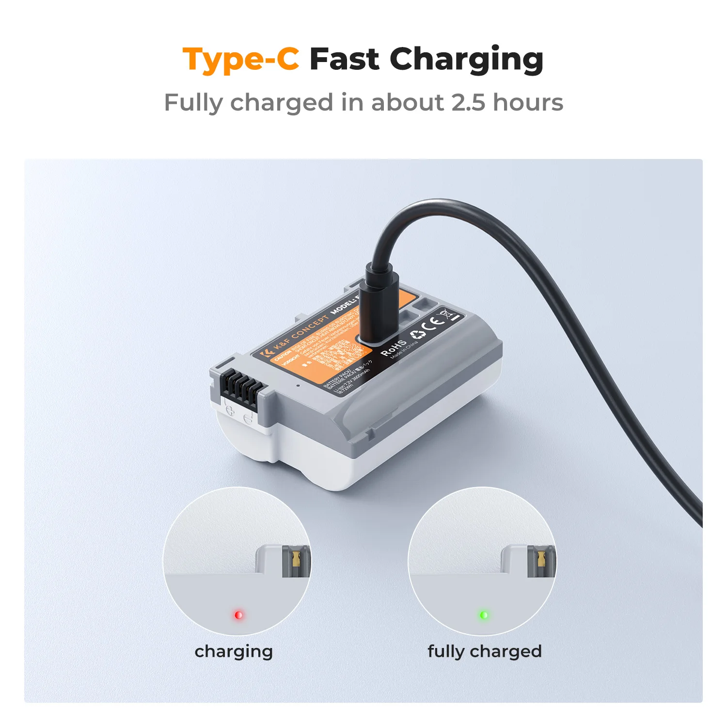 K&F Concept EN-EL15C 2600mAh Battery, USB C 2.5H Fast Chraging EN-EL15 Battery Compatible with Nikon Z8, Z7, Z6, Z7ii, Z6ii, Z5