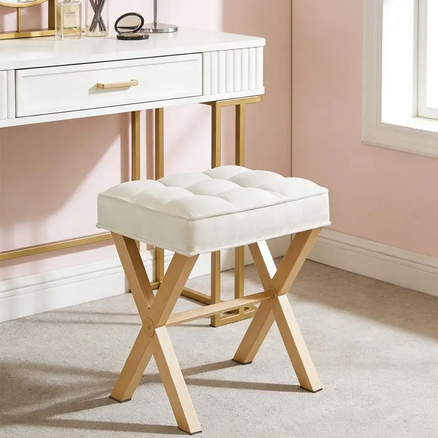 Square Foot Stool Ottoman, Upholstered Vanity Chair with Metal XLegs amp Soft Linen Fabric Versatile Seat and Footrest for Makeu
