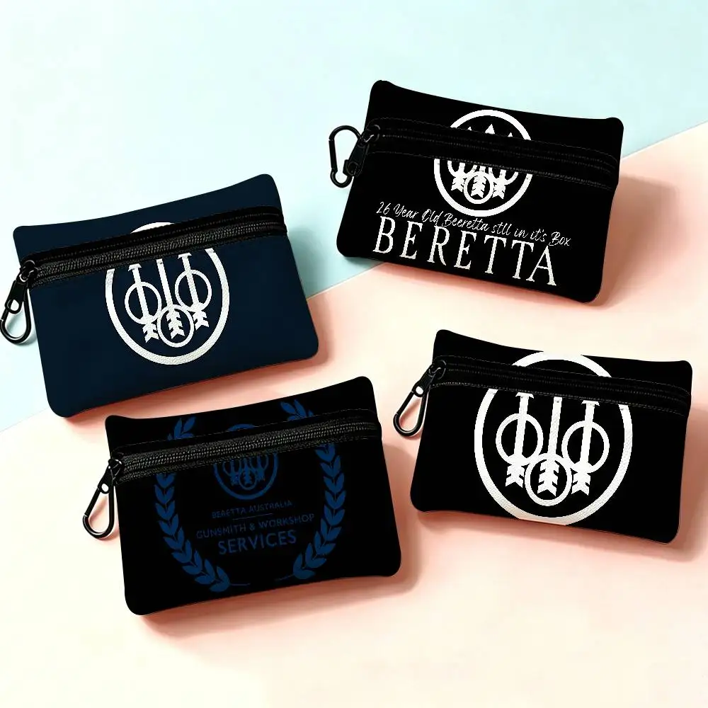 Gun B-Beretta Lightweight Oxford Fabric Coin Purse With Black Carabiner Hook Card Holder Earphone Storage Pouch
