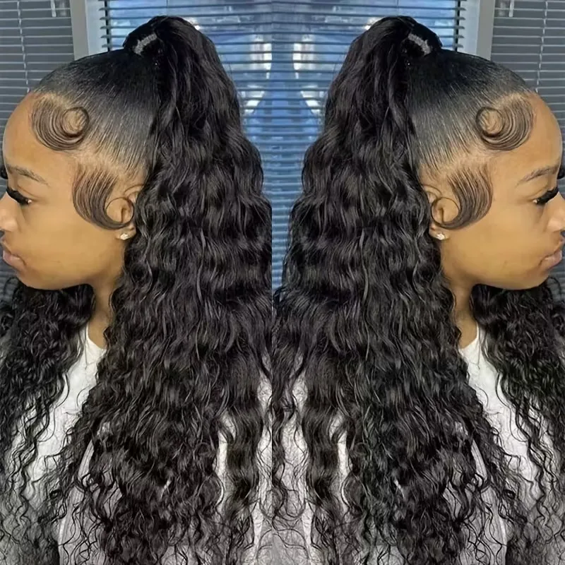 

Human Hair Water Wave Ponytail Extension Natural Black Brazilian Wrap Around Ponytail Remy Human Hair Magic Paste Corn Wave