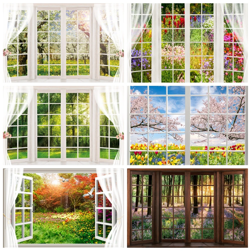 Spring Window Scenery Photography Backdrop White Black Windowsill Curtain Room Wall Decor Background Photographic Prop Photozone