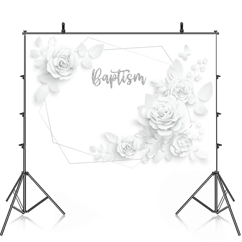 Happy Christening Baptism Birthday Party Backdrop Photography Baby Shower For White Flowers Background Banner Custom Name Pic