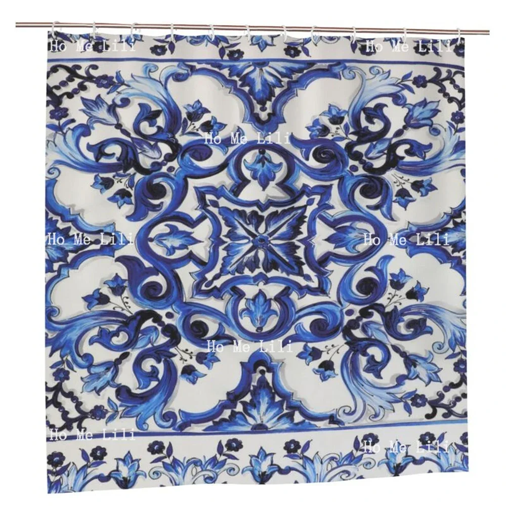 Mediterranean Tiles Navy Blue And White Pattern Fabric Shower Curtain Bathroom Decor