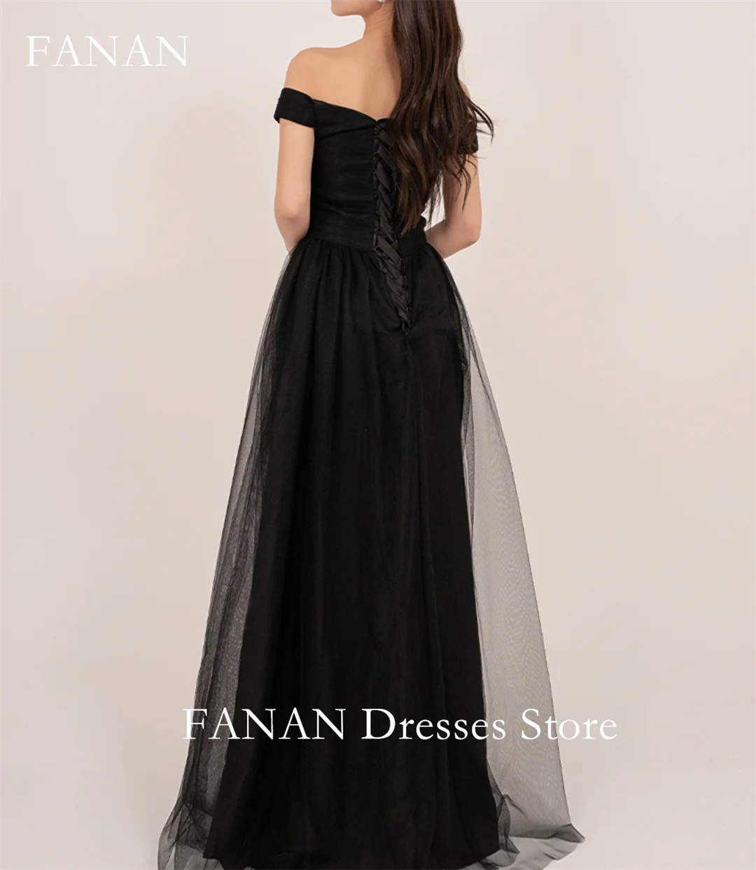 Fanan Korea Off Shoulder Simple Evening Dresses 웨딩드레스  Tulle Simple Black Custom Made A-Line Prom Gowns Plus Size