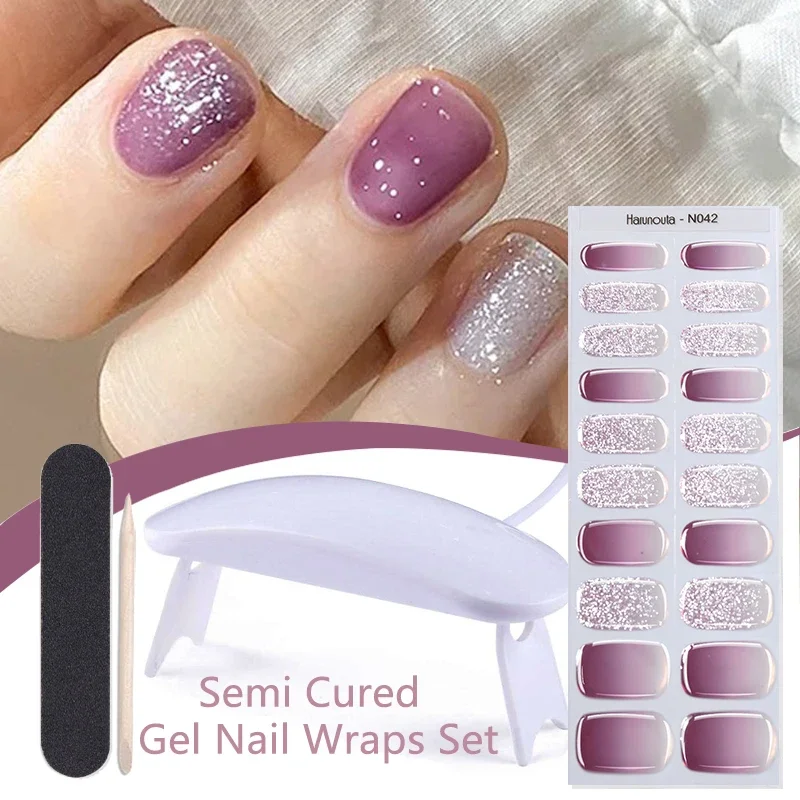 4pcs/set Gradient Jelly Semi Cured Gel Nail Strips with Nail Lamp Nude Pink Waterproof Nail Stickers Long Lasting Wrap