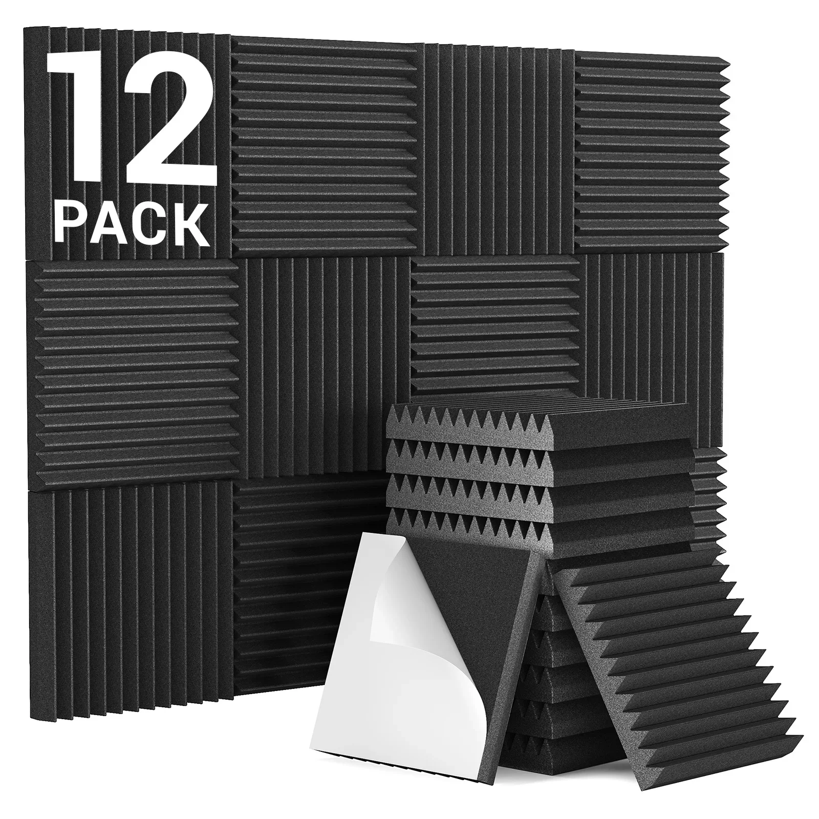 

12*12*2 Inches Self-Adhesive Acoustic Foam Panels, 3D Pyramid Designed Sound Pannels for Absorption of Echoes, Fast Expand