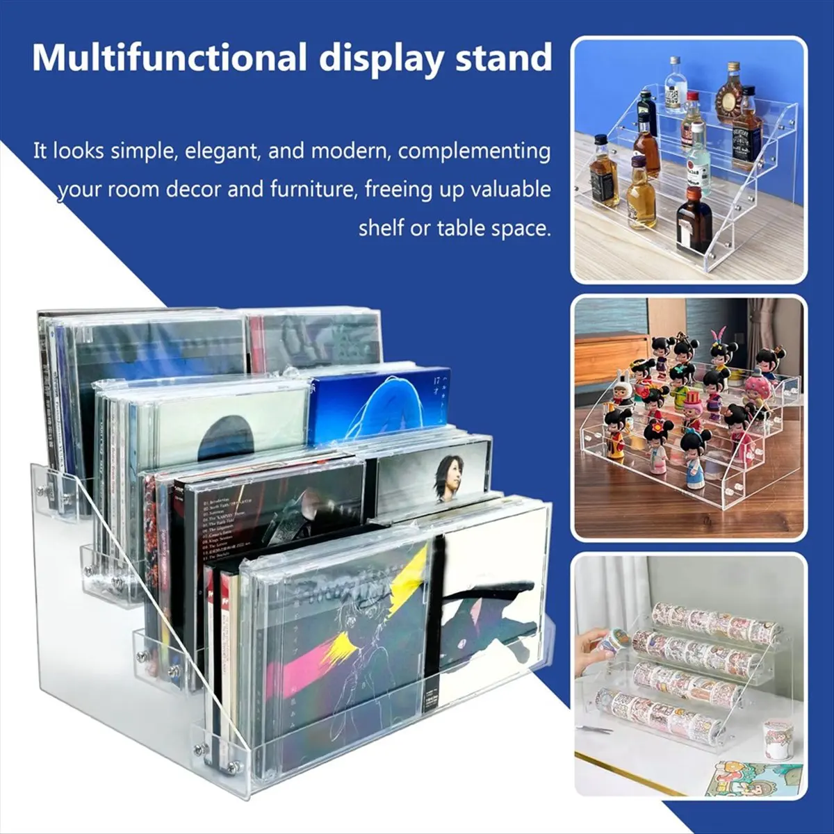 &A11I 4Tier Clear Acrylic CD Holder Cascading CD Storage Rack,DVD/CD Display Rack & Vinyl Record Storage Stand