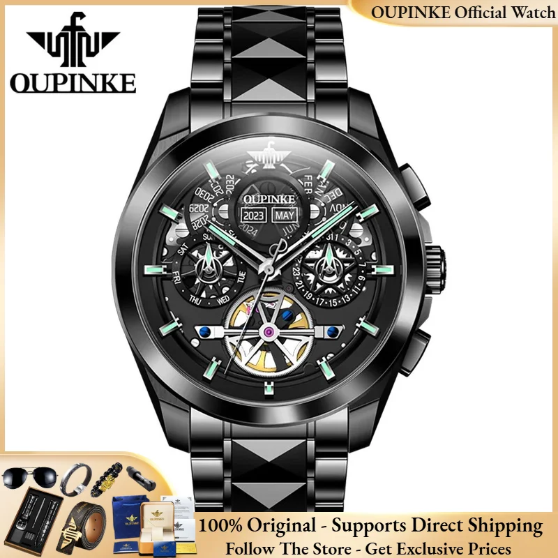 OUPINKE 3233 All Automatic Men Watch Luxury Skeleton Flywheel Watch HD Multi functional Tungsten Steel Men Mechanical Watch
