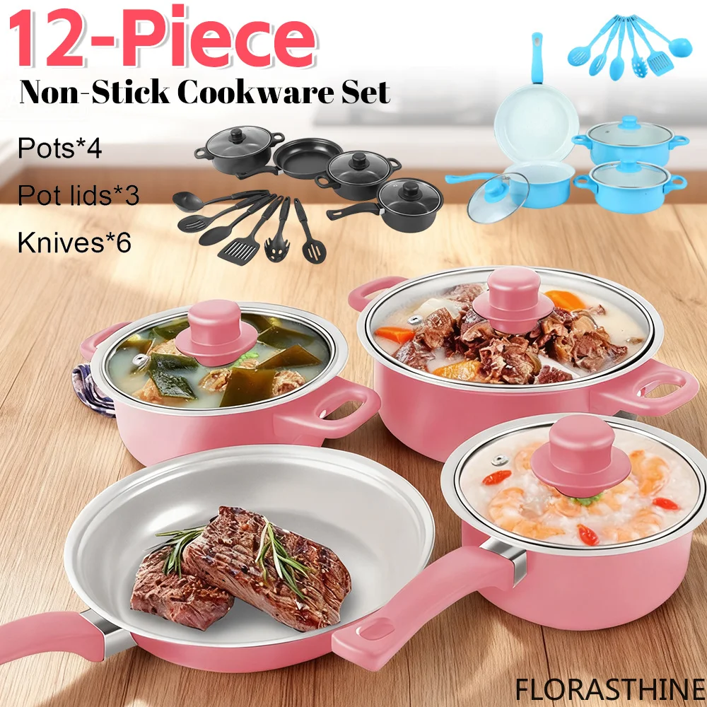 12-Piece Non-Stick Cookware Set Milk Pot Maifan Stone Frying Pan Lid Cooking Set Pot Stackable for All Hob