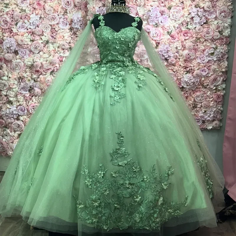 ANGELSBRIDEP gaun hijau Quinceanera manik-manik renda Applique dengan jubah pesta ulang tahun Prom Vestidos De 15 Anos disesuaikan