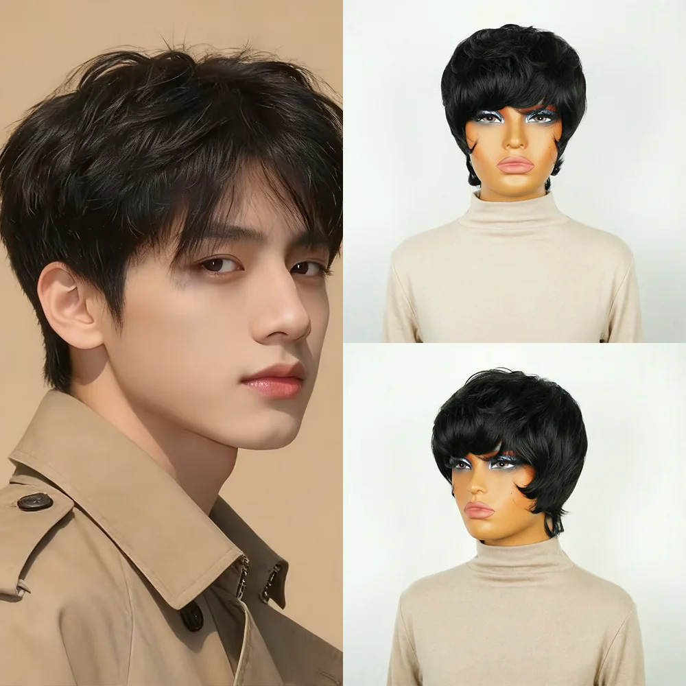 Men's 180% Density Short Straight Pixie Cut Wig 100% Human Hair 6 Inch Natural Black With Bangs Full Machine Made Hair For Men