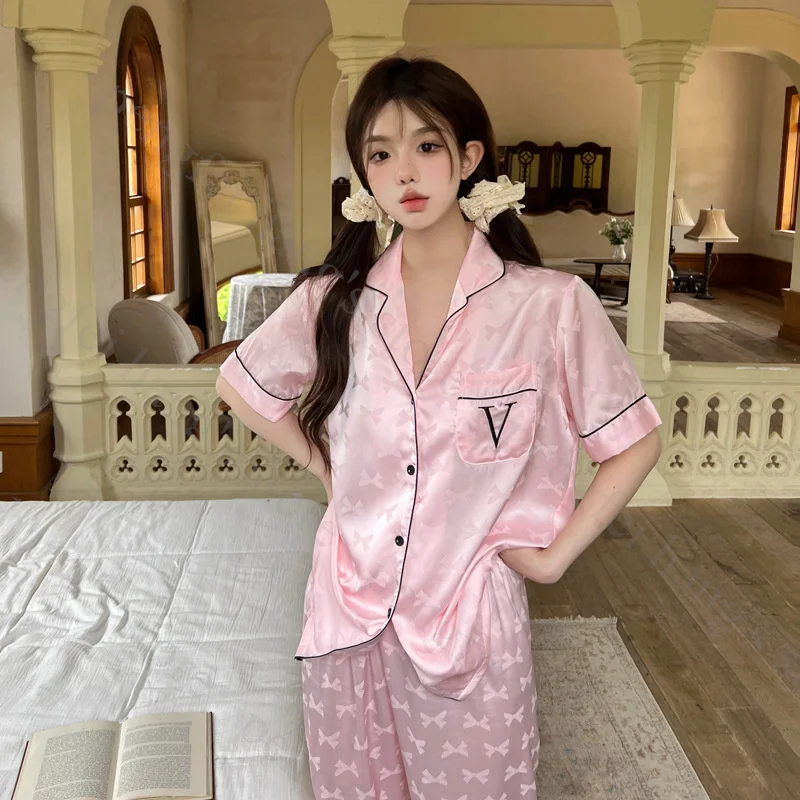 Ice Silk Pajamas Women\'s Short Sleeve Long Pants Bow Jacquard Homewear Set Lady Satin Pijamas De Mujer Sexy Sleepwear Nightwear