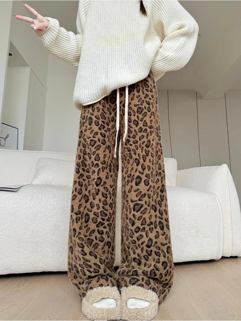 ヴィンテージヒョウ柄フリース裏地パンツ女性ソフトワイドレッグパンツ巾着カジュアル秋冬暖かいストレートレッグパンツ