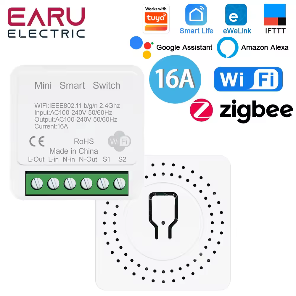 Tuya eWeLink WiFi ZigBee 16A 2 Way DIY Mini WiFi Smart Switch Breaker Module Timer Relay Voice Wireless Remote Control for Alexa