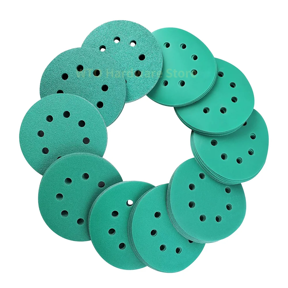 

50PCS 5 Inch 8 Hole Green Sanding Disc Polyester Film Backed Hook & Loop Sandpaper Disc 40-2000 Grit for Random Orbital Sanders