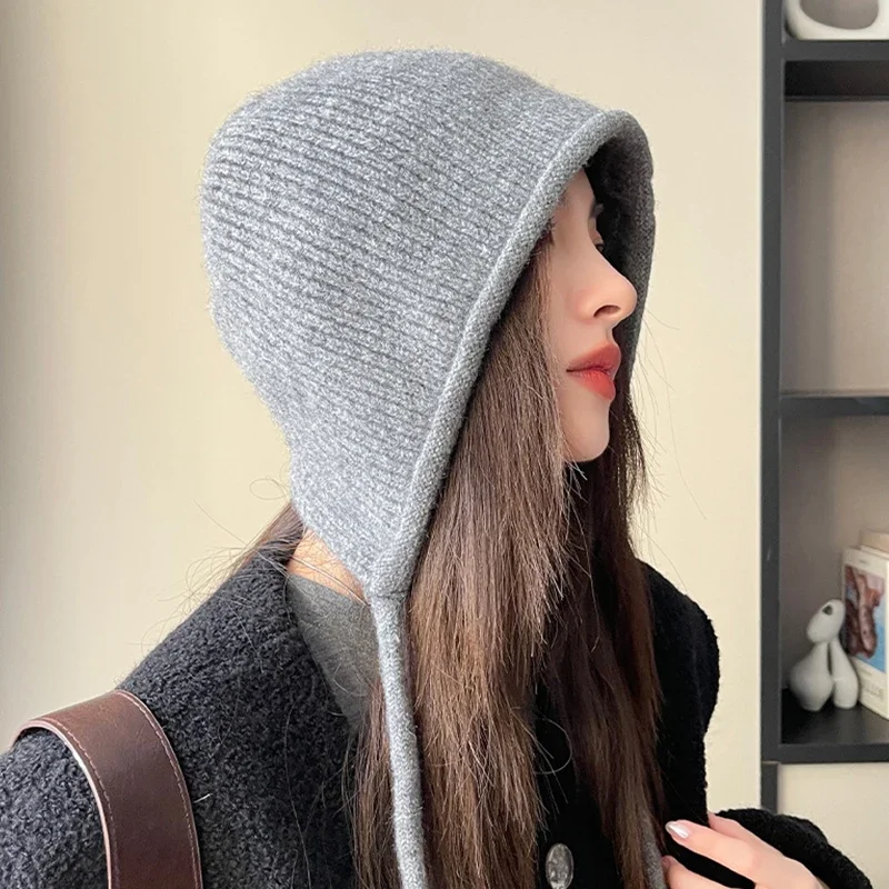 Women Sweet Double Drawstring Hat Autumn And Winter Letters Warm Versatile Knitted Earmuffs